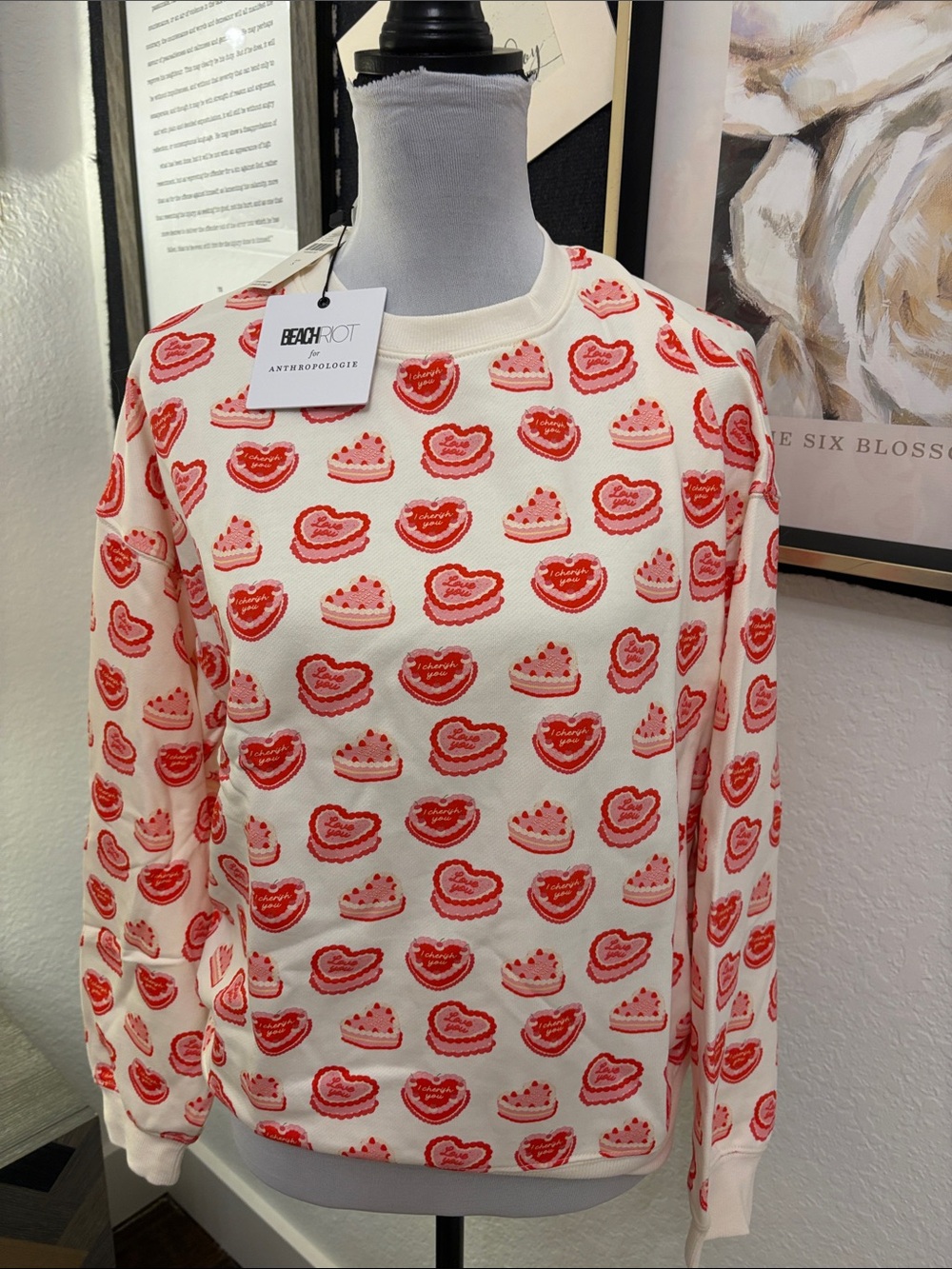 Anthropologie Cream Sweatshirt with Red & Pink Heart Cake Print